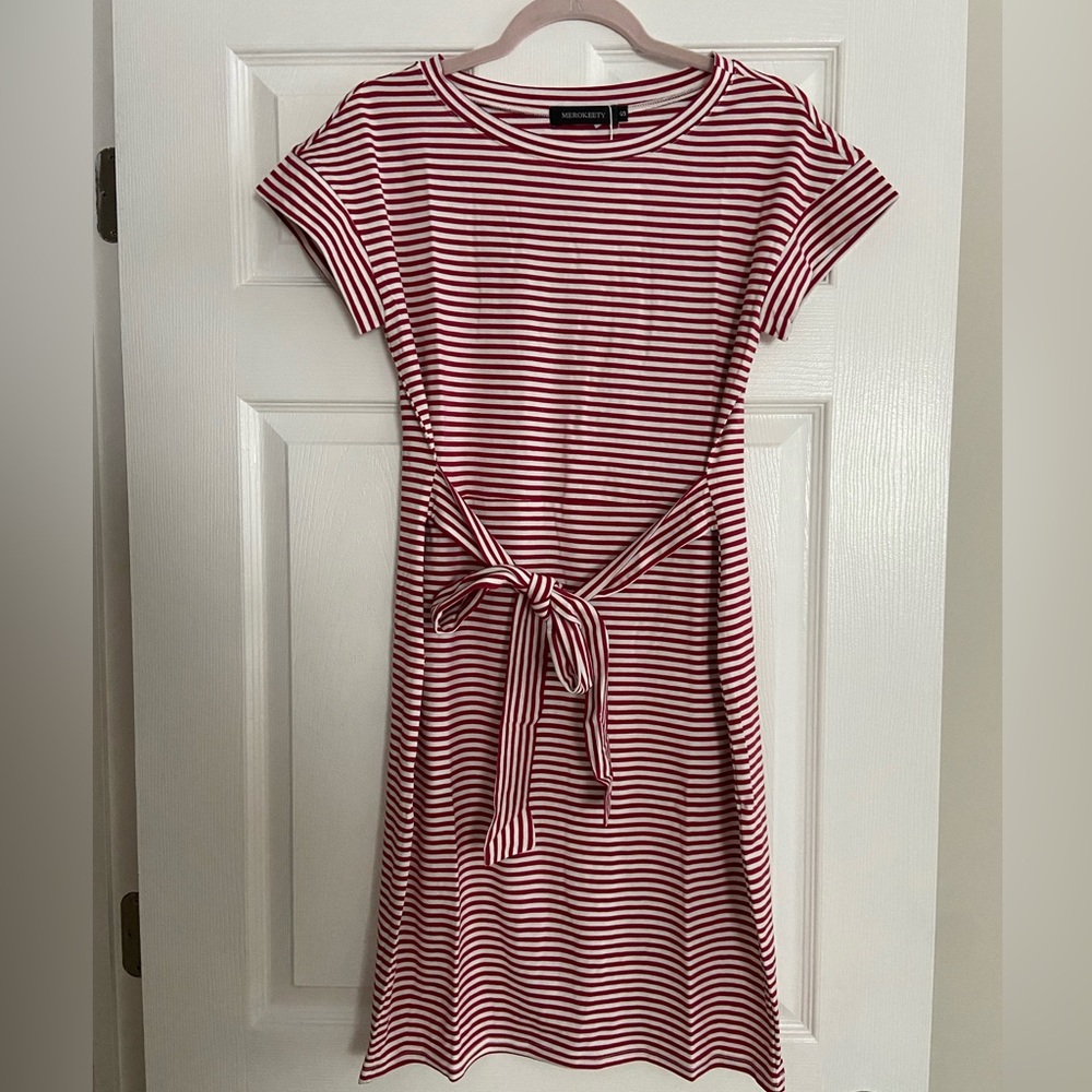 Merokeety Tie Waist Dress, Wine and White Stripe, Size S